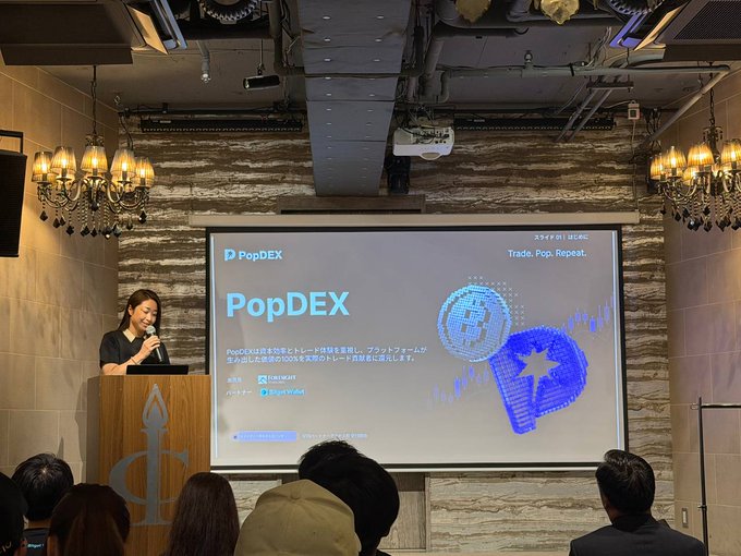A woman presents at a podium about PopDEX at WebX Tokyo, with the slide displaying "PopDEX - Trade. Pop. Repeat." in Japanese, highlighting a 100% on-chain trading platform, while audience members are seen from behind in the foreground. The image aligns with the post's caption by showcasing the PopDEX team's in-person presence at the WebX Tokyo conference on its opening day.