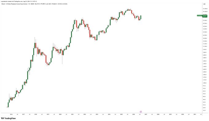 A TradingView candlestick chart of BTC/USD on a monthly timeframe from 2019 to 2026, showing a long-term uptrend from roughly $4,000 in early 2019 to over $100,000 by late 2024, with a relatively shallow dip before resuming gains—supporting the post's claim that the recent pullback appears minor when viewed from a broader zoomed-out perspective.