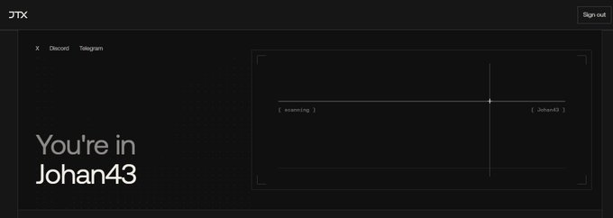 A dark JTX platform interface displays 'You're in Johan43' with a search field between usernames 'exampleg' and 'Johan43'.