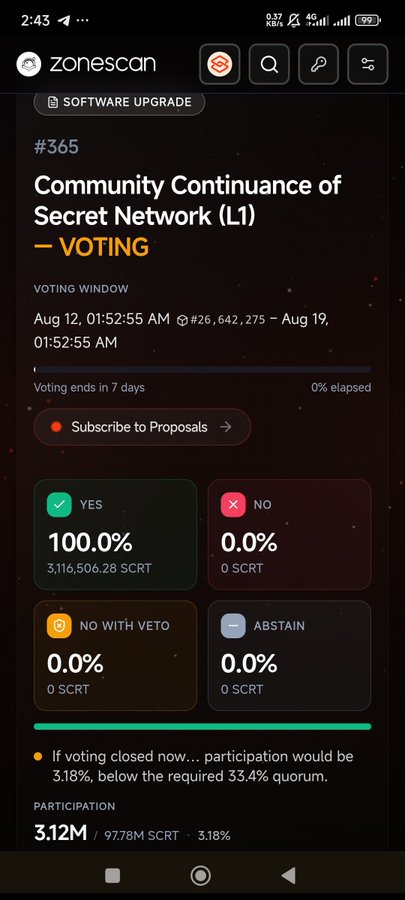 A mobile screenshot from 'zonescan' showing proposal #365 'Community Continuance of Secret Network (L1) — VOTING' with 100.0% YES votes, ending Aug 19.
