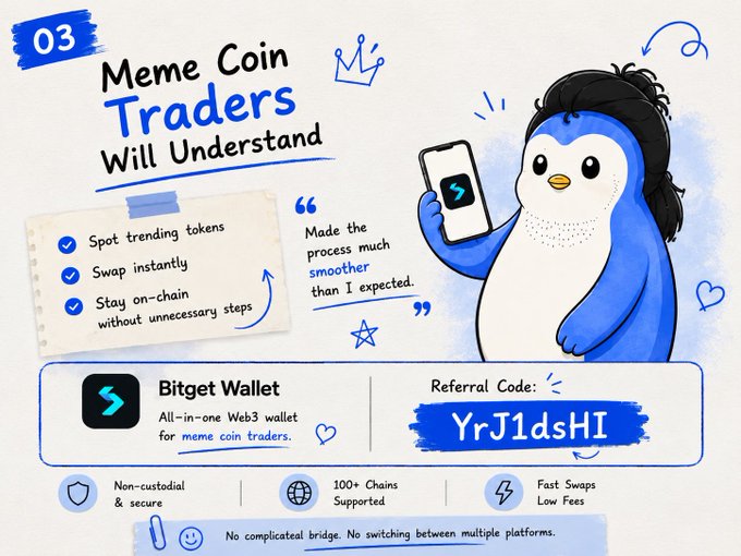 The image is a promotional graphic for Bitget Wallet featuring a cartoon penguin mascot holding a smartphone, highlighting its appeal to meme coin traders with features like instant swaps, trending token spotting, and on-chain trading, accompanied by referral code "YrJ1dsHI." It visually reinforces the post's message about using Bitget Wallet for fast, streamlined meme coin trading.
