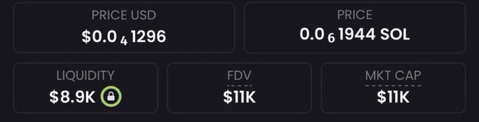 A cryptocurrency trading dashboard displays key metrics for a token, showing a price of $0.041296 USD (0.061944 SOL), liquidity of $8.9K (locked), and both FDV and market cap at $11K. The low market cap and liquidity figures visually support the post's claim of highlighting a "low-cap meme" with high potential returns, as referenced alongside past calls like $ANSEM, $CASHCAT, $TROLL, and #WHITEWHALE.