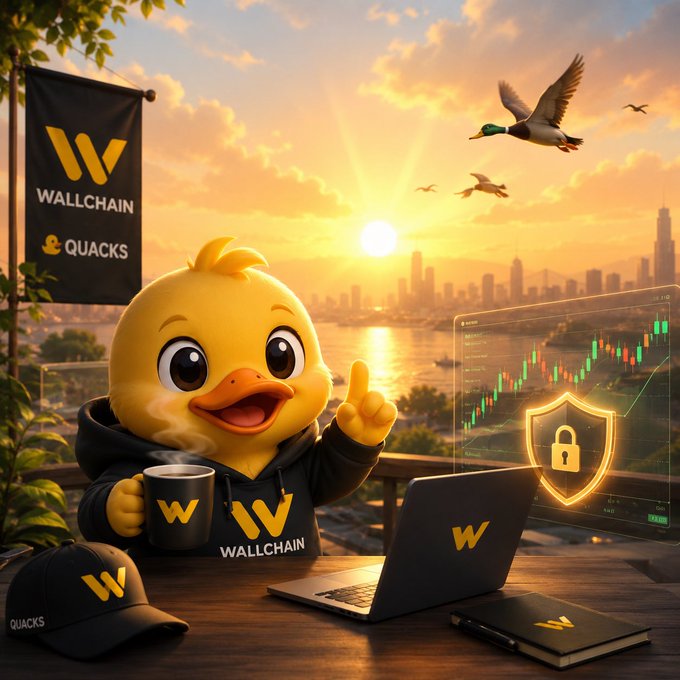 The image features a cartoon duck sitting at a desk with a laptop computer open in front of him. The background shows a city skyline under a beautiful sunset sky. There are also two birds flying above the scene, one closer to the top left corner and another near the center right area of the image. A cup is placed on the desk next to the laptop, possibly for the duck's enjoyment or as a drink while working. The overall atmosphere suggests that the duck might be a character from Wallchain Quackers' blog, who is sharing his thoughts about smart trading strategies in the financial world.

The post reads: "Good morning, Quackers! @wallchain A new day, a new opportunity — the market waits for no one, but those who are well-prepared are always one step ahead ... Smart trading isn't luck - it's knowing you won'...".