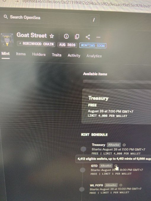 A photograph of a computer screen displaying an OpenSea NFT collection page titled 'Goat Street' on the Robinhood Chain, with a Minting Soon banner and a mint schedule listing Treasury, GTD, and WL FCFS mints starting August 28 at 7:00 PM GMT+7.
