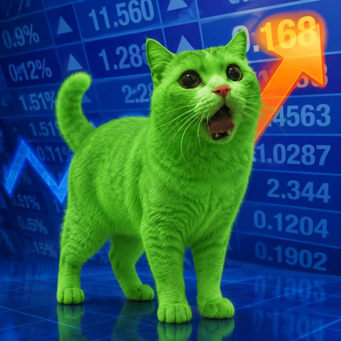 A bright green cat with its mouth open stands in front of a blue background displaying financial data, percentages, and an upward-pointing orange arrow.
