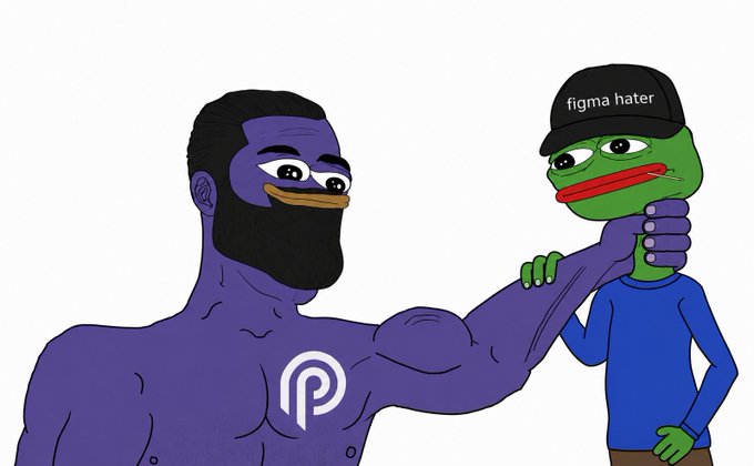 The image features two cartoon characters - one with a beard wearing a black hat and the other with a green hat. The character with the black hat is holding onto the arm of the other character, who has a green hat. The caption below the image reads "Pyth, what the fuck are you doing to me? They added Figma (FIG) to their feeds, and I, the person who spent three years screaming Figma is crap, Canva forever, am now sitting here thinking... Okay, give me a second chance".