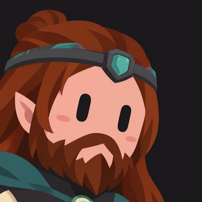 A digital illustration of an elf-like character with long red hair, pointed ears, a beard, and a headband featuring a green gem.