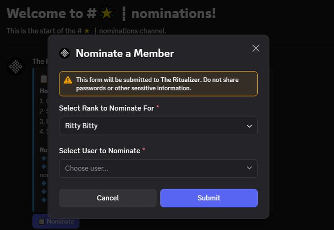 A Discord interface showing a 'Welcome to #★ | nominations!' channel with a 'Nominate a Member' modal for the rank 'Ritty Bitty'.