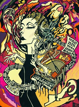 A vibrant pop-art style illustration of a woman playing an upright piano, surrounded by swirling colors, musical notes, and abstract patterns.