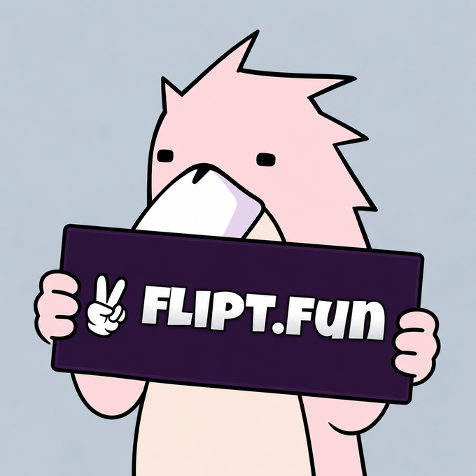 A cartoon character with pink fur and a square head holds up a dark sign that reads 'FLIPT.FUN' with a peace sign emoji against a light blue background.
