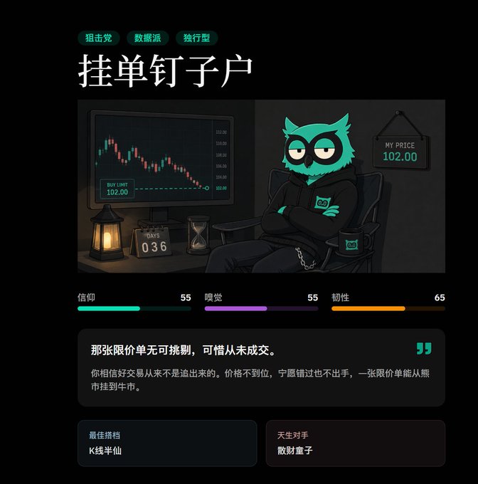 An infographic titled '挂单钉子户' (Order-Sticking Nail Household) depicts a green owl character in a chair next to a declining stock chart pinned at $102.00 for 036 days, with stats for faith (55),嗅觉 (55), and韧性 (65).