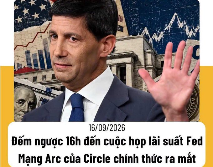News graphic dated 16/09/2026 featuring a man in a suit with raised hand, with Vietnamese text about counting down 16 hours to the Fed rate decision meeting and the official launch of Circle's Arc network.