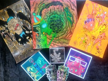 A collection of colorful surreal artwork prints and stickers featuring psychedelic, organic, and abstract designs in vibrant green, orange, and pink hues.