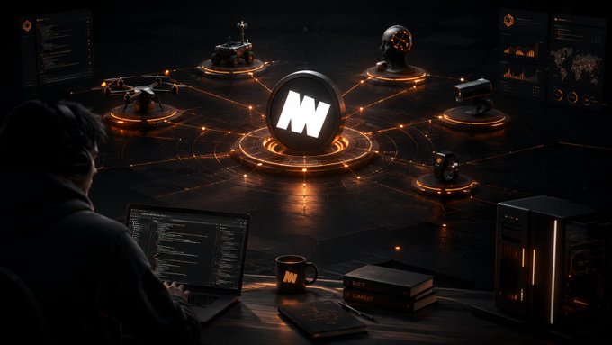 A person sits at a desk working on a laptop in a dark room, facing a holographic network diagram featuring a central 'N' logo connected to various devices.