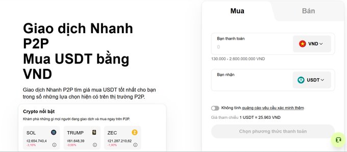 A digital interface in Vietnamese shows a P2P trading page titled 'Giao dịch Nhanh P2P Mua USDT bằng VND' for buying USDT, displaying crypto prices for SOL, TRUMP, and ZEC, with a sample transaction rate of 1 USDT = 25,963 VND.