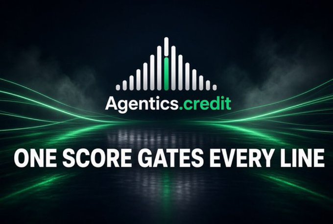 A logo image for "Agentics.credit" featuring an audio equalizer-style icon with the tagline "ONE SCORE GATES EVERY LINE" against a green-lit background.