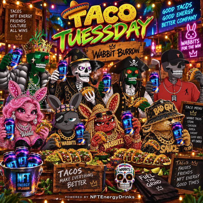 Vibrant Taco Tuesday promotional poster featuring the Wabbit Burrow collection of skull and bunny characters holding NFT Energy Drinks cans and tacos, with signage reading "TACO TUESDAY WABBIT BURROW," "GOOD TACOS GOOD ENERGY BETTER COMPANY," and a Taco Menu listing Wabbit Tacos, Steak, Chicken, Birria, Shrimp, Good Vibes, and NFT Energy. The image advertises a September 27th Sunday Funday Twitter Space hosted by @100GrandVan and sponsored by @NFTENERGYDRINKS, featuring a $100 $SOL giveaway.