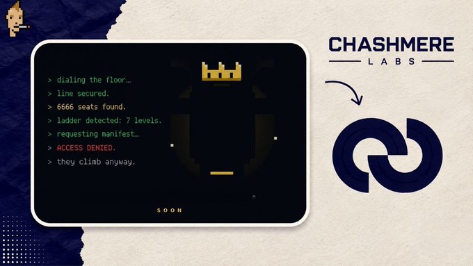 A promotional graphic for 'CHASHMERE LABS' displays a pixel-art space invader and a terminal screen reading '> dialing the floor... > line secured. > 6666 seats found. > ladder detected: 7 levels. > requesting manifest... > ACCESS DENIED. > they climb anyway.'