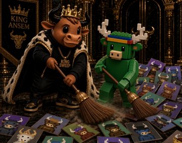 A crowned bull character wearing a "KING ANSEM" cape and a green bull with antlers hold brooms to sweep up scattered meme cards in a royal setting, symbolizing teamwork between the $BULLTOSHI and $ANSEM communities as suggested by the caption.