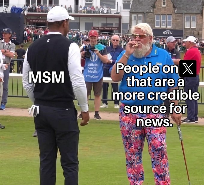 The image features a man wearing a golf outfit, holding a golf club, standing next to another person who appears to be a golfer as well. They seem to be engaged in conversation or observing something happening nearby. The background of the image is blurred, but there are people present, suggesting that they might be at an event or gathering related to golfing or sports.

The post includes text that reads "People on X that are a more credible source for news". This could indicate that the man in the golf outfit has some influence or expertise in a particular field and is being recognized as a reliable source of information, possibly due to his involvement in the sport or other relevant experience.