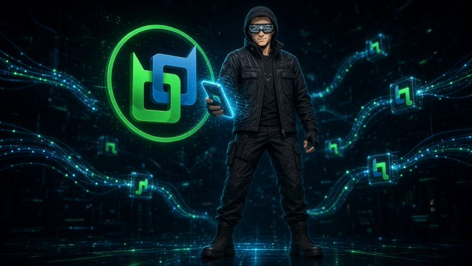 Digital artwork featuring a hooded figure in dark clothing holding a glowing smartphone, surrounded by floating screens and a large green logo on a dark, tech-inspired background.