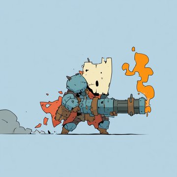 An illustration of a small knight in blue armor with a yellow paper bag over its head, wielding a large cannon and firing orange flames, set against a solid light blue background.