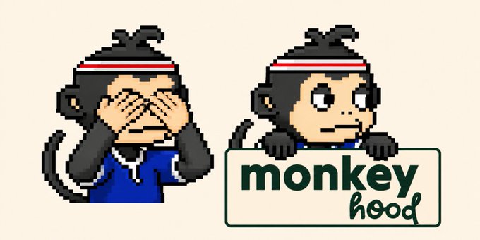 Pixel art monkeyhood logo featuring two cartoon monkeys, one covering its eyes and the other holding a sign that reads "monkeyhood."