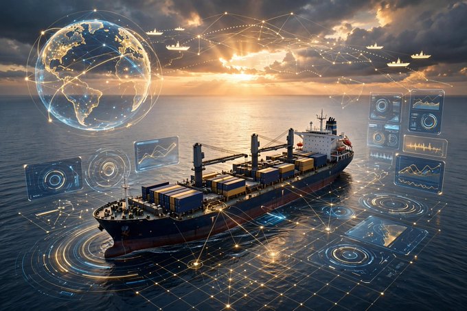 A conceptual digital illustration shows a large container ship on the ocean at sunset, overlaid with glowing holographic charts, network connections, and a translucent globe.