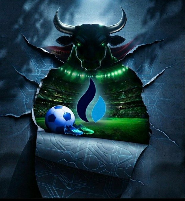 A dramatic digital artwork featuring a horned bull silhouette with glowing green eyes, a stadium with green lights, a blue water droplet logo, and a soccer ball in the foreground.