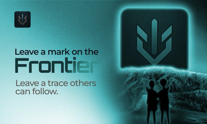A teal-toned promotional banner for "Frontier" featuring a stylized logo, the tagline "Leave a mark on the Frontier" and "Leave a trace others can follow," with silhouettes of two people with raised arms.