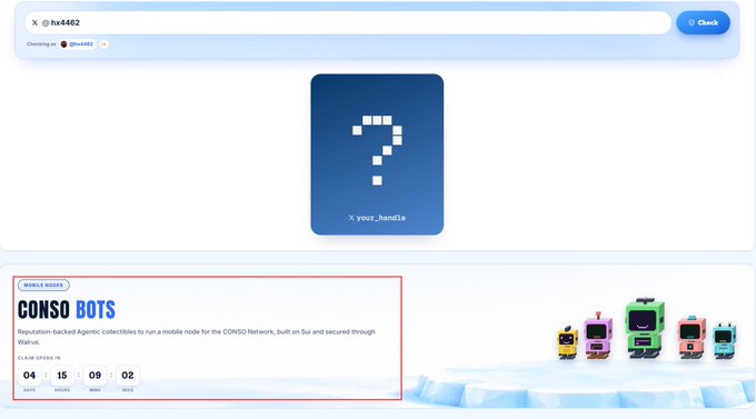 A screenshot of a CONSO website showing a pixelated question mark logo with "X your_handle" text, alongside a "CONSO BOTS" mobile node offering with a countdown timer of 04:15:09:02.