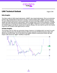 A LINK Technical Outlook document dated August 24th with a 'Daily Insights' section analyzing the price movement of LINK, featuring a price chart with various technical indicators.