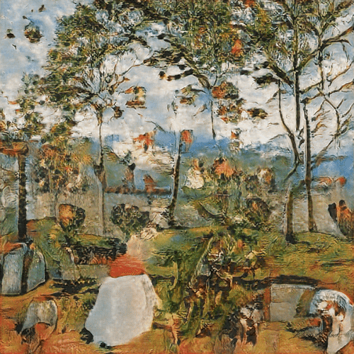 An impressionist-style painting depicting a landscape with tall trees, figures working in a field, and a colorful sky rendered in thick brushstrokes.