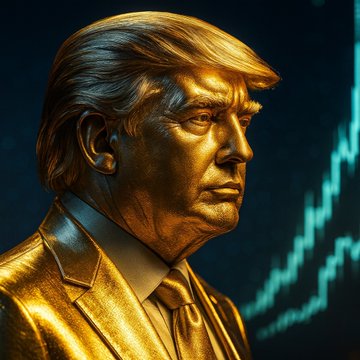 A golden statue of Donald Trump is shown in profile against a dark background featuring a rising green chart line, visually representing the "Official Trump" memecoin's growing trajectory. The imagery ties to the announcement that top 185 holders of the memecoin have been invited to an exclusive Nov. 22 gala dinner with President Trump at Trump National in Washington, DC.