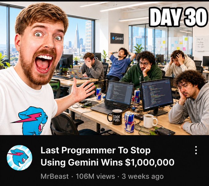 A YouTube thumbnail by MrBeast titled "Last Programmer To Stop Using Gemini Wins $1,000,000" showing MrBeast shouting excitedly alongside exhausted programmers at desks, marked "DAY 30."