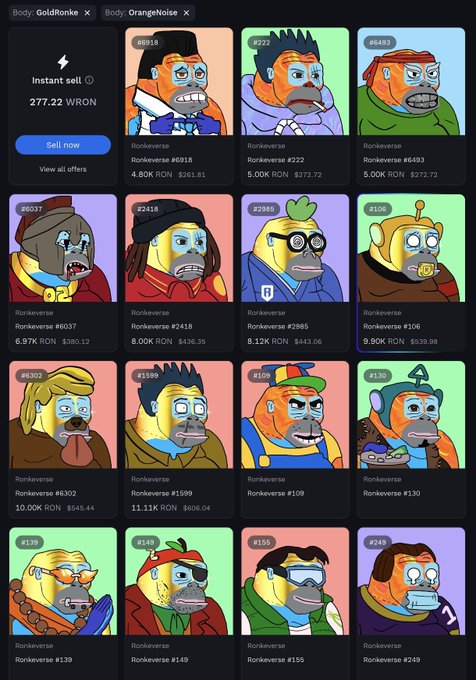 An NFT marketplace listing for 'Ronkaverse' NFT collection showing 16 cartoon monkey character thumbnails with varying prices in RON tokens (4.80K to 11.1K RON), with an instant sell option for 277.22 WRON.