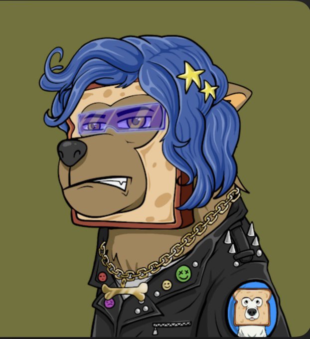 A digital illustration of a stylized dog character with blue hair, purple sunglasses, gold chains, and a spiked black leather jacket featuring a small white bear avatar patch.