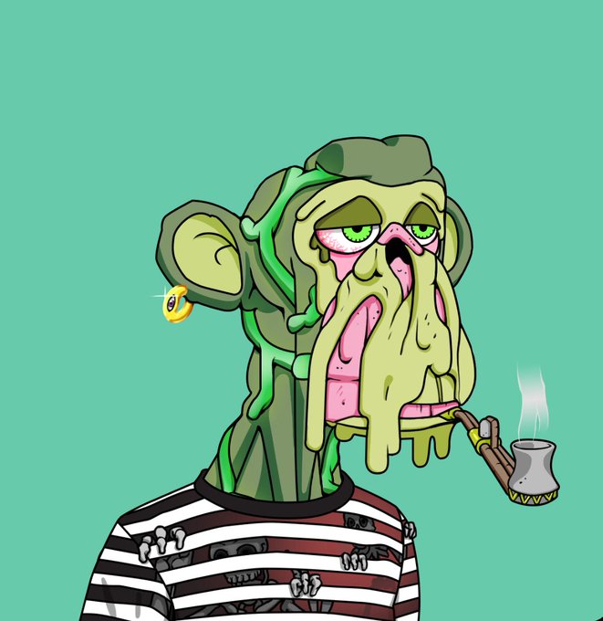 A cartoon illustration of a grotesque green zombie-like ape character with drooping pink flesh, wearing a striped shirt and smoking a pipe, set against a teal background.