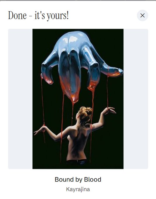 A confirmation screenshot from objkt.com showing a successful NFT purchase titled "Bound by Blood" by Kayrajina, featuring surreal imagery of a woman being controlled like a marionette by a giant blue hand dripping with blood, with the text "Done - it's yours!" displayed at the top.