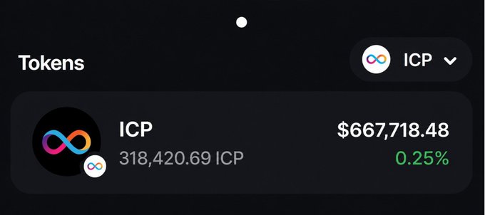 A digital wallet interface showing Tokens, displaying a balance of 318,420.69 ICP valued at $667,718.48 with a 0.25% gain.