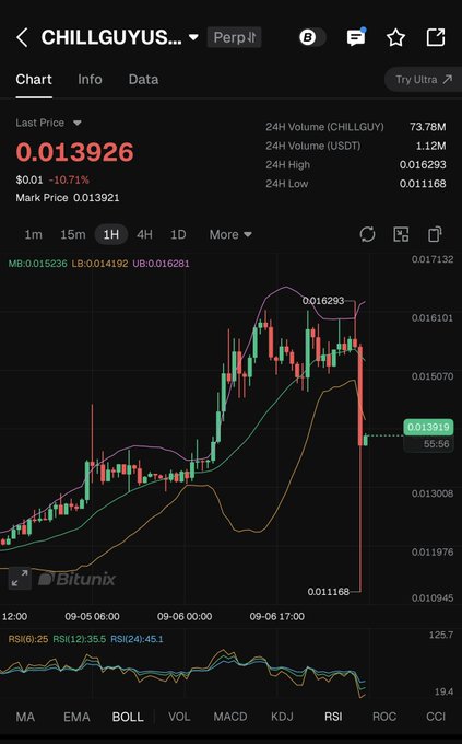 A Bitunix trading chart for the cryptocurrency 'CHILLGUYUSDT' showing a last price of 0.013926, a 24H high of 0.016293, and a 24H low of 0.011168.