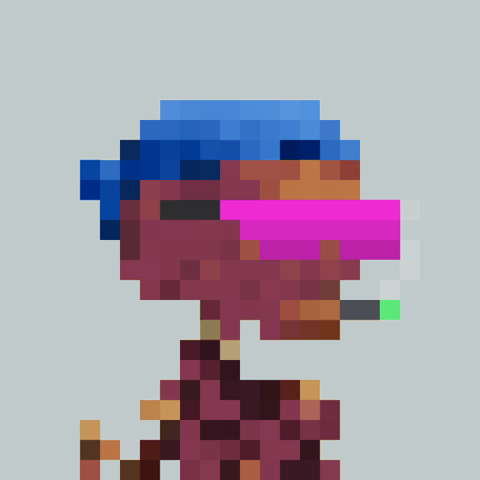 A pixel art sprite of a character with dark skin wearing a blue cap and pink visor, holding a small green-tipped object.