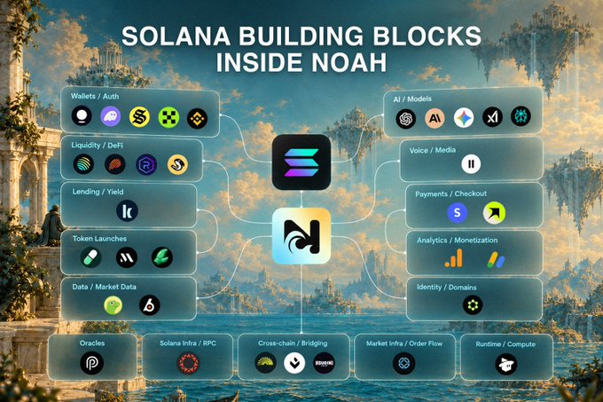A graphic titled 'SOLANA BUILDING BLOCKS INSIDE NOAH' showing various categories like Wallets/Auth, Liquidity/DeFi, AI/Models, and Voice/Media with associated logos.
