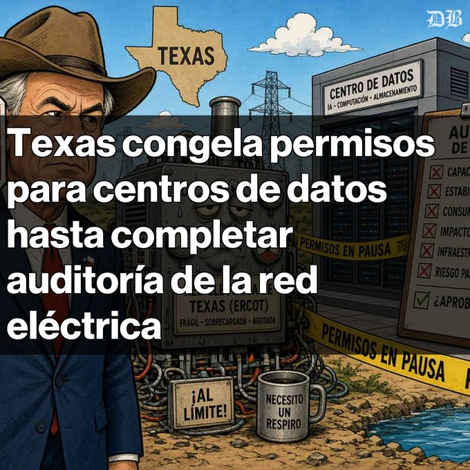 A satirical illustration with text in Spanish stating 'Texas congela permisos para centros de datos hasta completar auditoría de la red eléctrica' (Texas freezes permits for data centers until completing an audit of the electrical grid), depicting a politician, a stressed ERCOT system, and a data center with 'PERMISOS EN PAUSA' (permits on pause) caution tape.