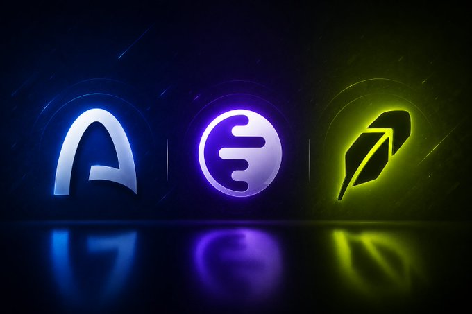 Three glowing cryptocurrency icons displayed on a dark reflective background - a blue arch symbol, a purple circular "E" token, and a green feather/leaf symbol.