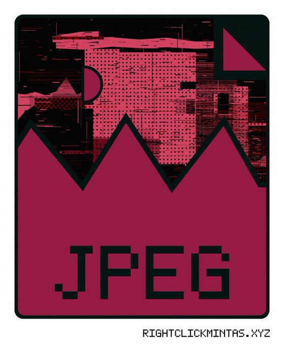 A stylized red and black graphic depicts a crown and fragmented mountain imagery with the text 'JPEG' and 'RIGHTCLICKMINTAS.XYZ'.
