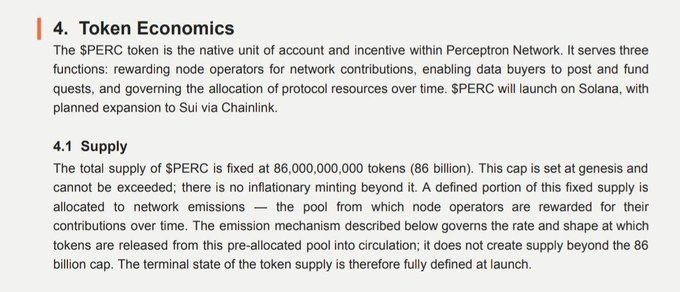 Text excerpt titled "4. Token Economics" discussing the $PERC token, its fixed supply of 86,000,000,000 tokens, launching on Solana with planned expansion to Sui via Chainlink, within the Perceptron Network.