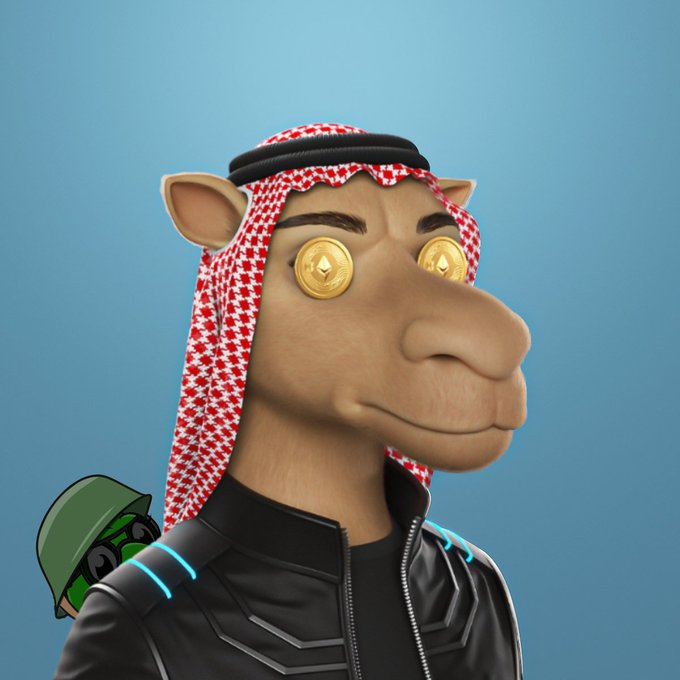 A 3D digital illustration of a camel character wearing a red and white checkered keffiyeh and a black futuristic jacket with blue accents, featuring golden Bitcoin logos for eyes.