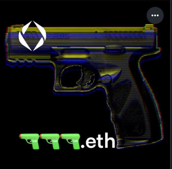 A stylized image of a handgun with cryptocurrency branding, including an Ethereum-like logo and three green pistol icons followed by “.eth.”