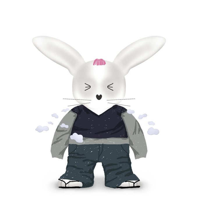 A cute cartoon white bunny character with closed eyes wearing a dark outfit, surrounded by small clouds, accompanying a "GM BUNOMIES" greeting post in a crypto/NFT community style.